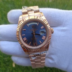rolex day date 41mm president rose gold fluted bezel blue roman dial mens watch