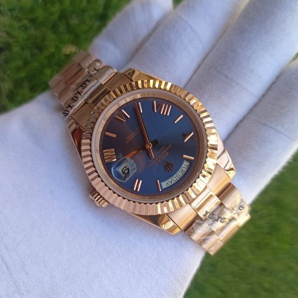 8 rolex day date 41mm president rose gold fluted bezel blue roman dial mens watch