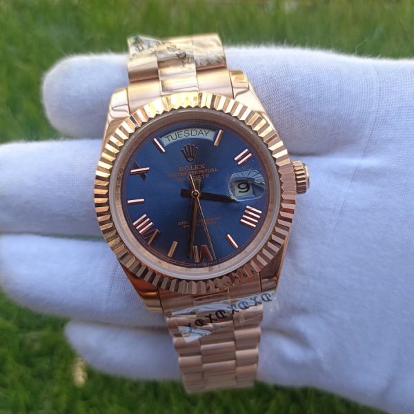 10 rolex day date 41mm president rose gold fluted bezel blue roman dial mens watch