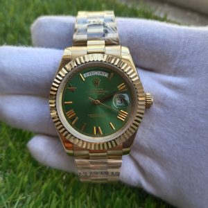 1 rolex day date 41mm president yellow gold fluted bezel green roman dial mens watch