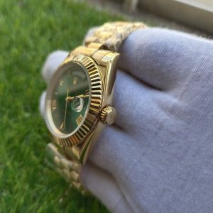 2-Rolex Day Date 41Mm President Yellow Gold Fluted Bezel Green Roman Dial Mens Watch