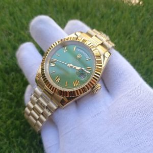 3-Rolex Day Date 41Mm President Yellow Gold Fluted Bezel Green Roman Dial Mens Watch