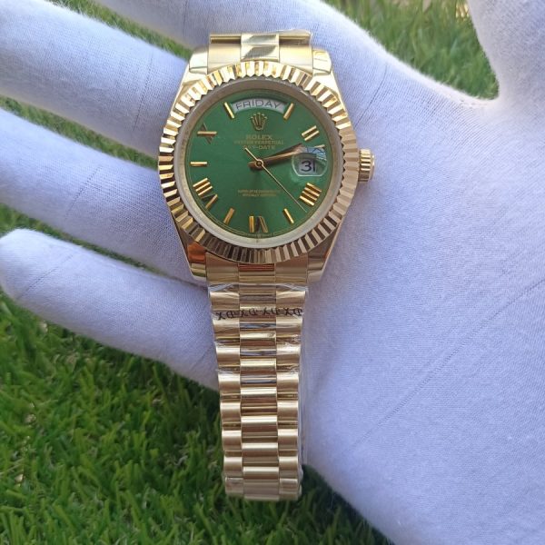 7 rolex day date 41mm president yellow gold fluted bezel green roman dial mens watch