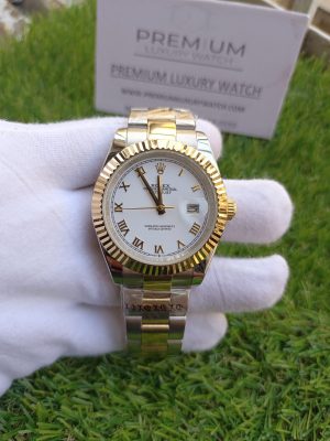 rolex datejust 41mm two tone white slate roman dial date bezel oyster bracelet watch
