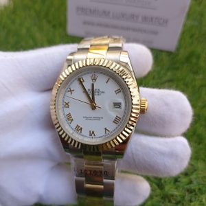 1 rolex datejust 41mm two tone white slate roman dial smooth bezel oyster bracelet watch