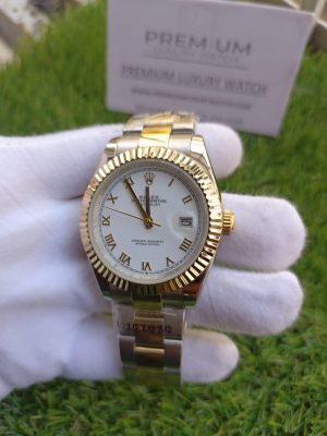 1 rolex datejust 41mm two tone white slate roman dial date bezel oyster bracelet watch