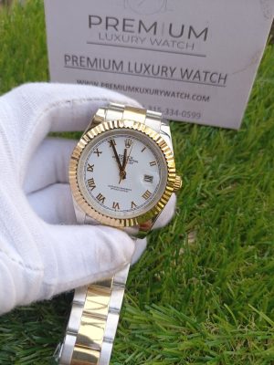 5 rolex datejust 41mm two tone white slate roman dial smooth bezel oyster bracelet watch