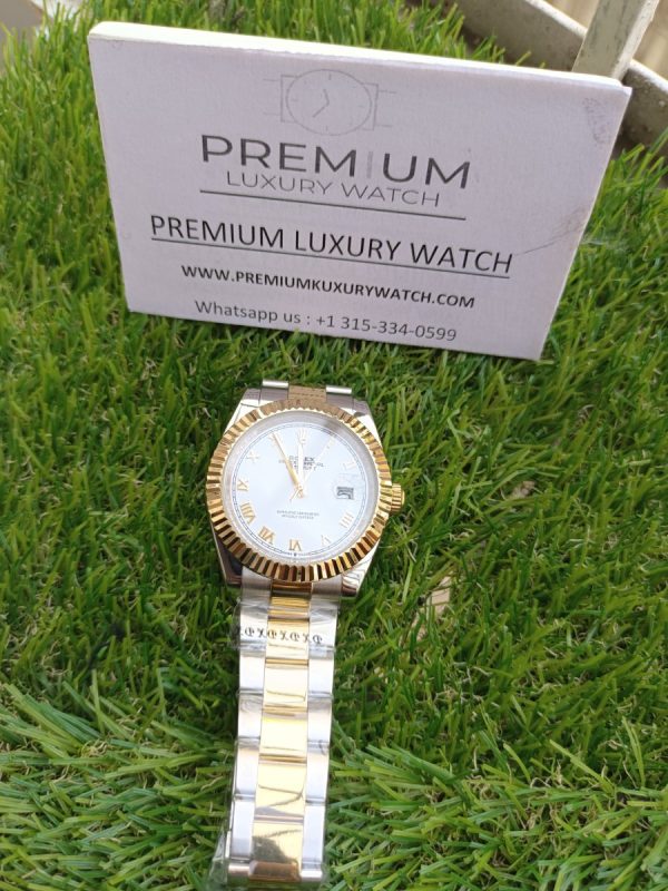 6 rolex datejust 41mm two tone white slate roman dial smooth bezel oyster bracelet watch