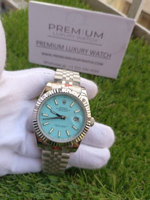1 rolex dateRogue 41mm ice blue dial fluted bezel white gold jubilee mens watch