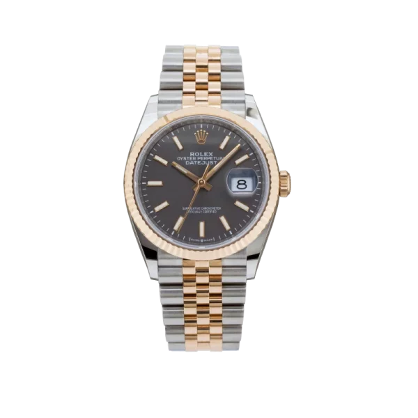 rolex datejust 41mm two tone rose gold black grey dial oyster perpetual jubilee bracelet watch