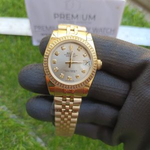 rolex lady datejust 31mm yellow gold sliver dial with diamond marker oyster perpetual jubilee bracelet watch