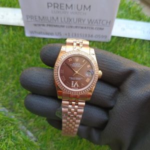 rolex lady datejust 31mm rose gold brown dial with diamond marker oyster perpetual jubilee bracelet watch