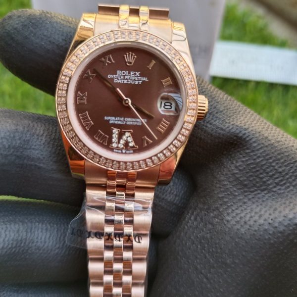 6 rolex lady datejust 31mm rose gold brown dial with diamond marker oyster perpetual jubilee bracelet watch