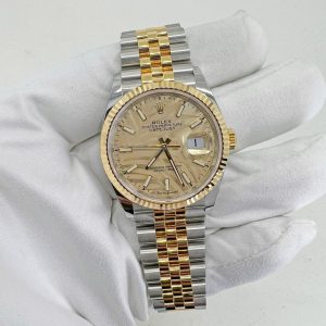 rolex datejust 41mm yellow gold Sapatilhas golden palm motif dial fluted bezel jubilee bracelet 126233