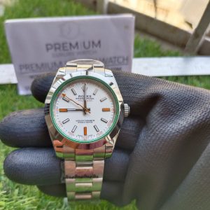rolex 40mm milgauss mens orange white dial watch