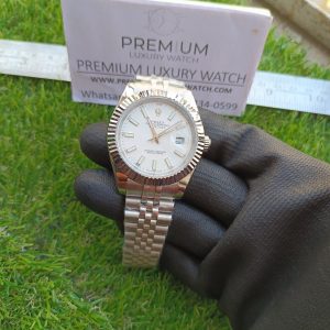 1 rolex datechart 41mm white dial fluted bezel white gold jubilee mens watch