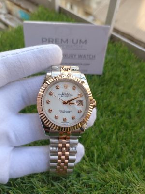 2 rolex datejust 41mm rolesor everose fluted dial jubilee bracelet white diamonds watch