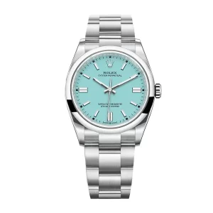rolex oyster perpetual 36mm stainless steel turquoise index dial smooth domed bezel oyster bracelet 126000