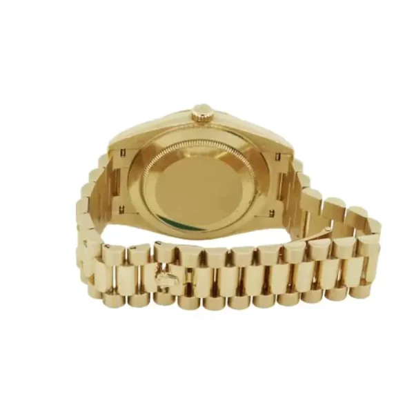 2 rolex daydate 40mm yellow gold silver diagonal motif index dial fluted bezel president bracelet 228238