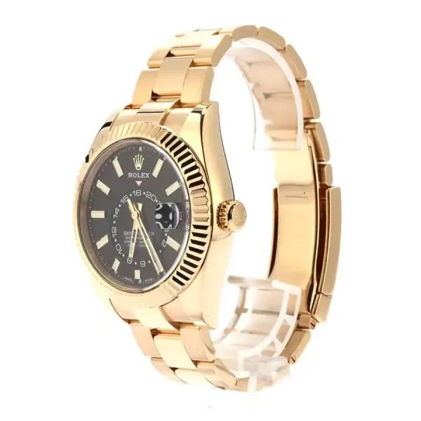 1 rolex skydweller yellow gold 42mm black index dial fluted bezel oyster bracelet 326938