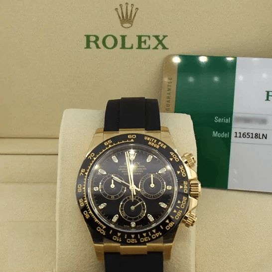 7 rolex daytona cosmograph yellow gold ceramic black dial rubber strap 116518ln