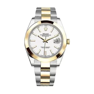 rolex datejust 41mm yellow goldsteel white index dial smooth bezel oyster bracelet 126303