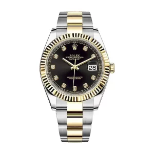 rolex oyster perpetual datejust 41mm watch black dial set with diamonds twotone oyster bracelet fluted bezel 126333