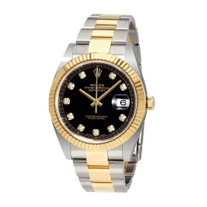 1 rolex oyster perpetual datejust 41mm watch black dial set with diamonds twotone oyster bracelet fluted bezel 126333