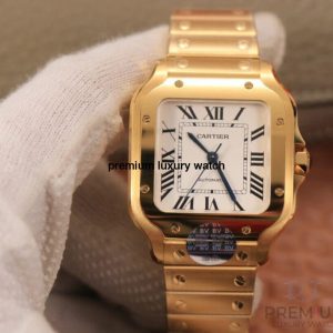 1 cartier santos de cartier mens watch large automatic yellow gold white dial yellow gold bracelet wgsa0029