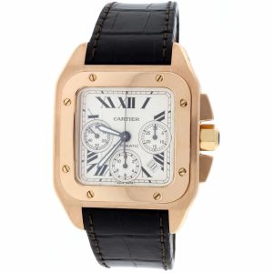 cartier santos 100xl chronograph large white dial rose gold leather belt mens watch