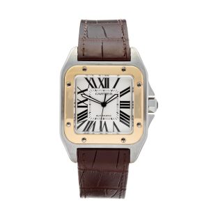 cartier santos 100 large white dial yellow gold brown leather belt mens watch w20107x7
