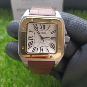 5 cartier santos 100 large white dial yellow gold brown leather belt mens watch w20107x7