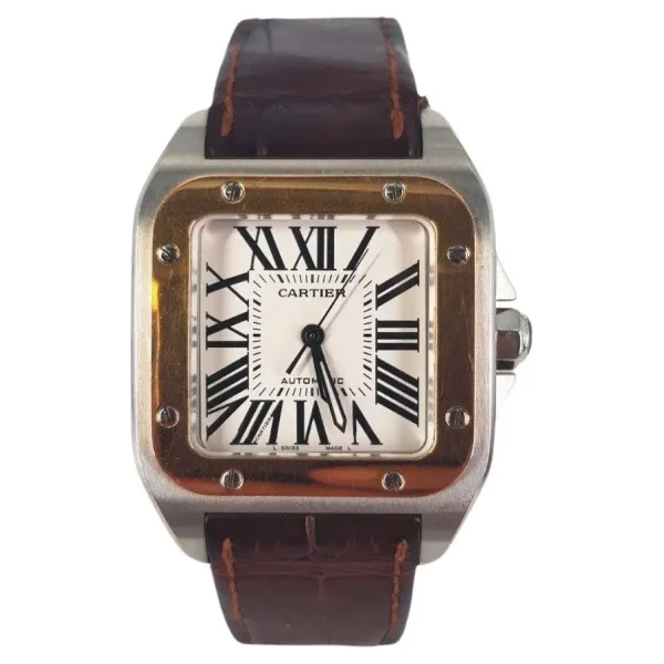 cartier santos 100 large white dial rose gold brown leather belt mens watch