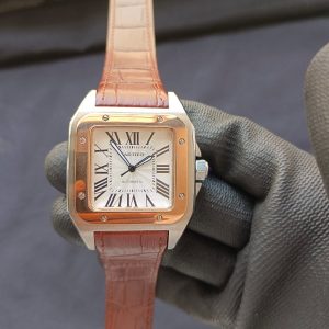 1 cartier santos 100 large white dial rose gold brown leather belt mens watch w20107x7
