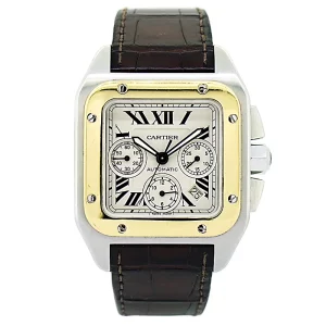 cartier santos 100xl chronograph large white dial two tone leather belt mens watch