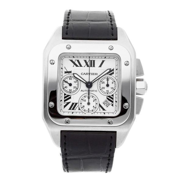 cartier santos 100xl chronograph large white dial leather belt mens watch