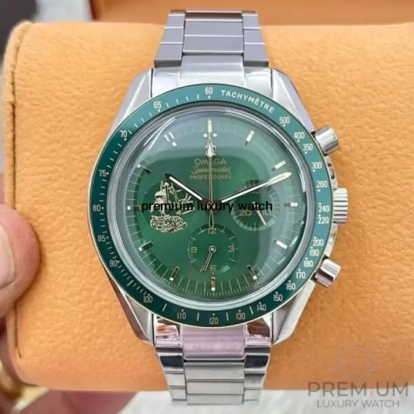 2 omega speedmaster moonwatch apollo 11 50th anniversary case moonshine gold green bezel green dial mens wrist watch
