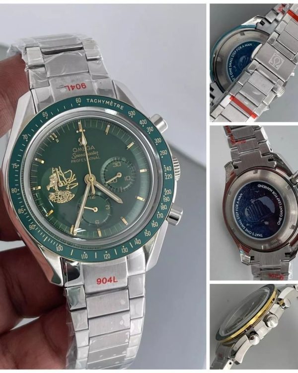3 omega speedmaster moonwatch apollo 11 50th anniversary case moonshine gold green bezel green dial mens wrist watch