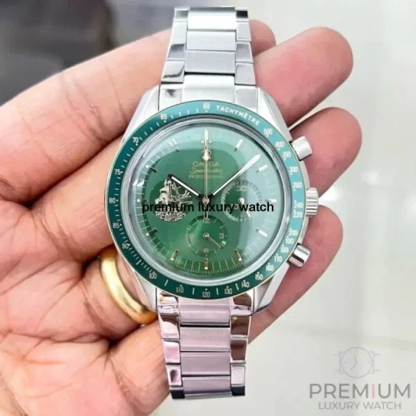 6 omega speedmaster moonwatch apollo 11 50th anniversary case moonshine gold green bezel green dial mens wrist watch