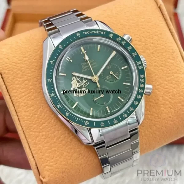 7 omega speedmaster moonwatch apollo 11 50th anniversary case moonshine gold green bezel green dial mens wrist watch
