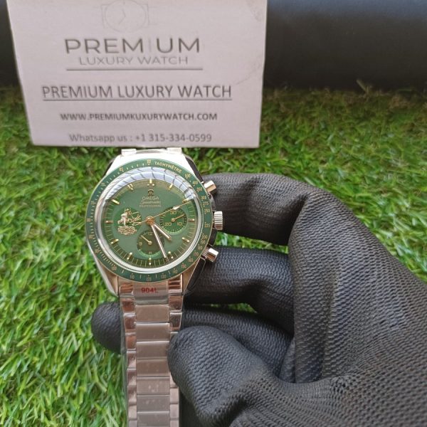 8 omega speedmaster moonwatch apollo 11 50th anniversary case moonshine gold green bezel green dial mens wrist watch