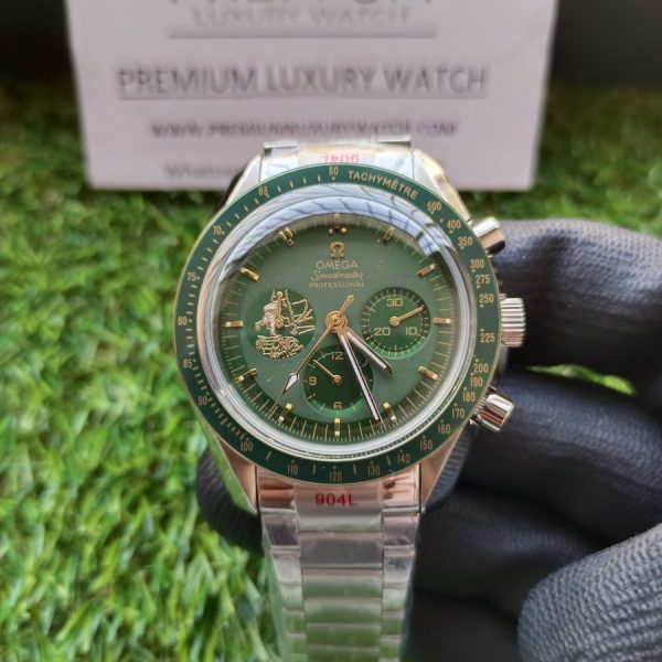 13 omega speedmaster moonwatch apollo 11 50th anniversary case moonshine gold green bezel green dial mens wrist watch