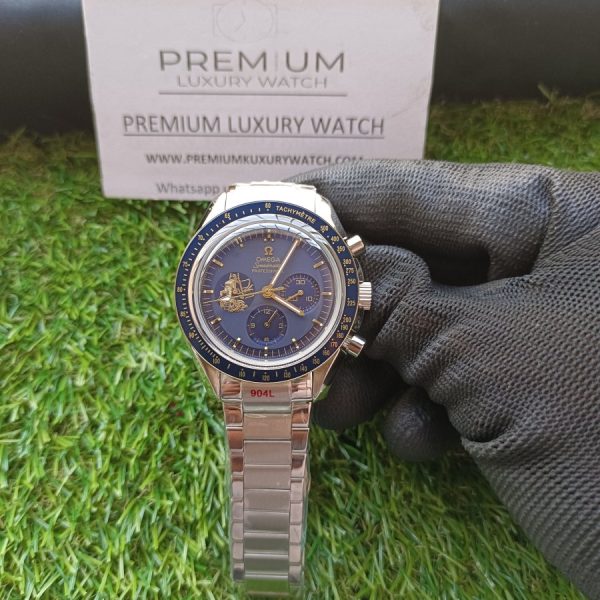 1 omega speedmaster moonwatch apollo 11 50th anniversary case moonshine gold blue bezel blue dial mens wrist watch