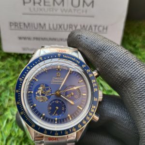 2-Omega Speedmaster Moonwatch Apollo 11 50Th Anniversary Case Moonshine Gold  Blue Bezel Blue Dial Mens Wrist Watch