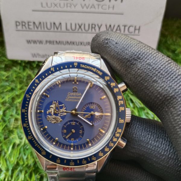 6 omega speedmaster moonwatch apollo 11 50th anniversary case moonshine gold blue bezel blue dial mens wrist watch