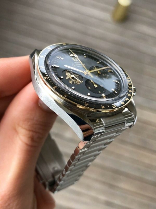 4 omega speedmaster moonwatch apollo 11 50th anniversary case moonshine gold black bezel black dial mens wrist watch