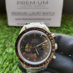 5 omega speedmaster moonwatch apollo 11 50th anniversary case moonshine gold black bezel black dial mens wrist watch