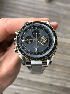 7 omega speedmaster moonwatch apollo 11 50th anniversary case moonshine gold black bezel black dial mens wrist watch