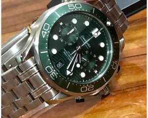 9 omega diver 300m coaxial master chronometer chronograph 44mm green dial steel mens watch