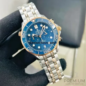 1 omega diver 300m coaxial master chronometer chronograph 44mm blue dial rose gold steel mens watch